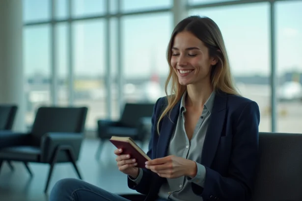 Jeune femme élégante dans un aéroport avec passeport et sourire