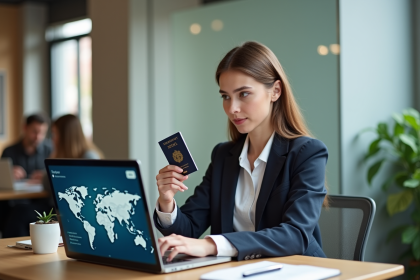 Jeune femme d'affaires avec passeport et ordinateur