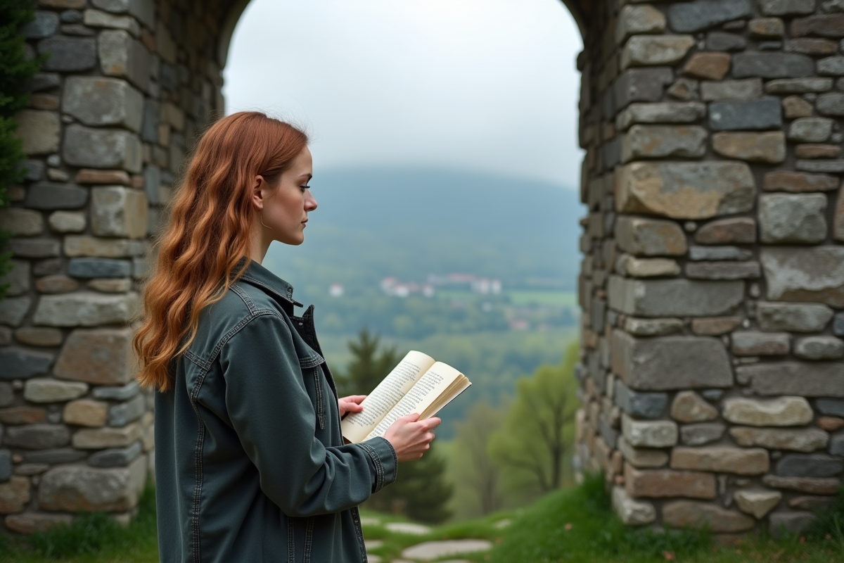 Jeune femme slovène devant un château ancien en pleine nature
