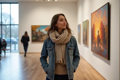 Jeune femme examine une peinture dans une galerie d'art &agrave; Amsterdam