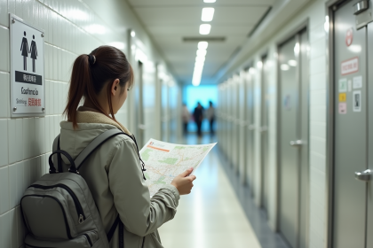 Jeune femme japonaise étudie une carte près d'un hôtel capsule