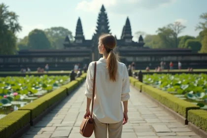 Jeune femme regardant la pagode de Taman Ayun