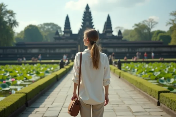 Jeune femme regardant la pagode de Taman Ayun