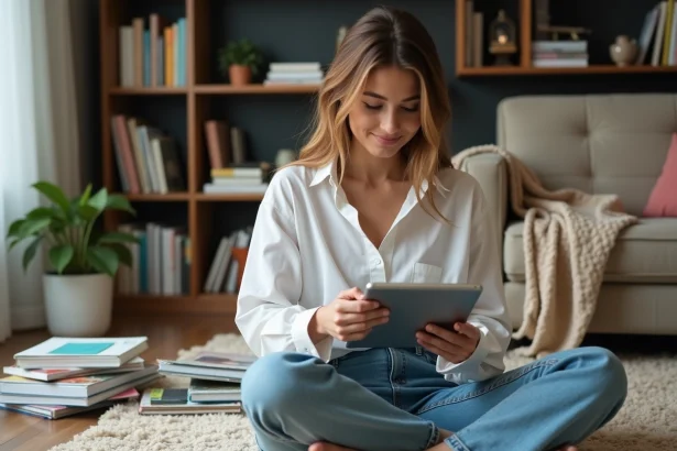 Jeune femme concentrée sur sa tablette dans un salon cosy