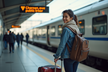 Jeune femme souriante embarquant dans un train à grande vitesse