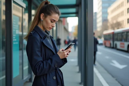 Jeune femme urbaine en trench studyant son smartphone
