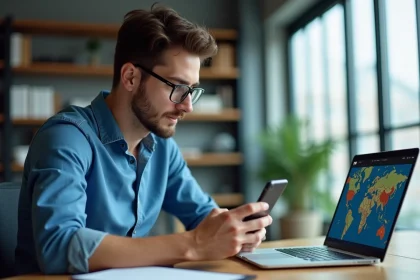 Jeune homme utilisant son smartphone pour entrer un num&eacute;ro d'immatriculation d'avion
