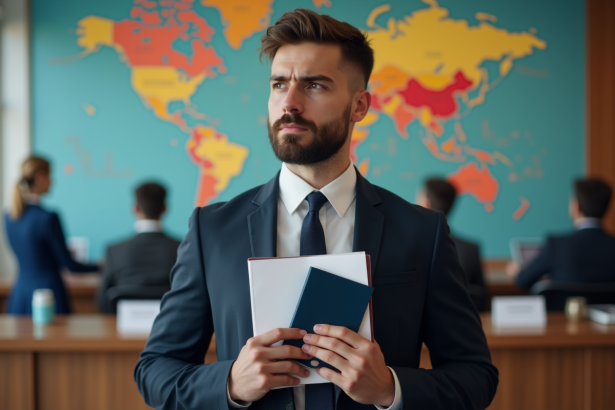 Jeune homme en costume avec passeport et documents