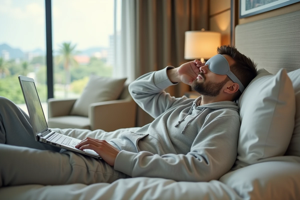 Jeune homme relaxant dans une chambre d hotel avec masque