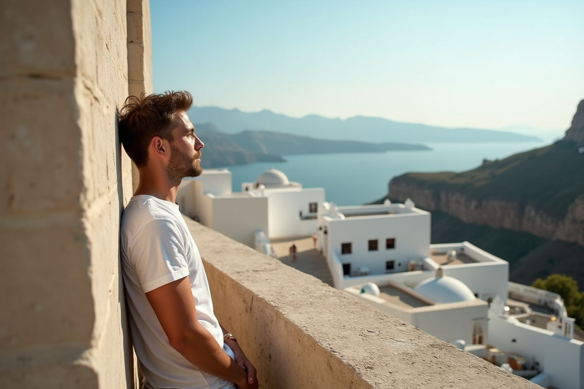 Jeune homme regardant un village en Grèce