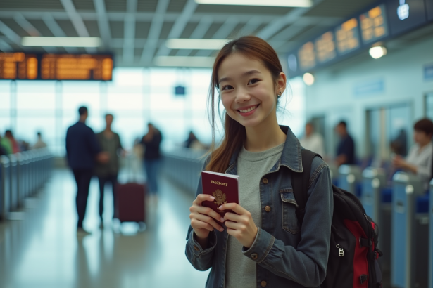 Jeune voyageur souriant à l'aéroport avec passeport et valises
