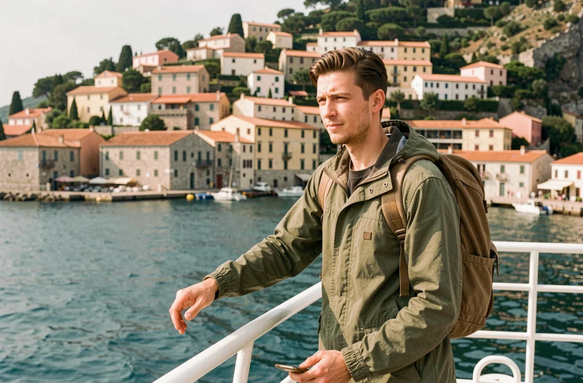 Jeune voyageur à la proue d'un ferry approchant un port méditerranéen lors d'une mini-croisière