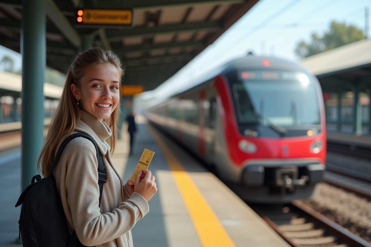 Jeune voyageur souriant avec un billet flexible train sur la plateforme