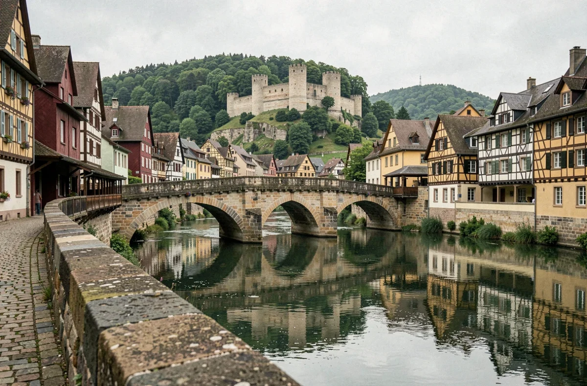 Le pont médiéval de Kaysersberg enjambant la Weiss avec les ruines du château fort sur la colline boisée en arrière-plan