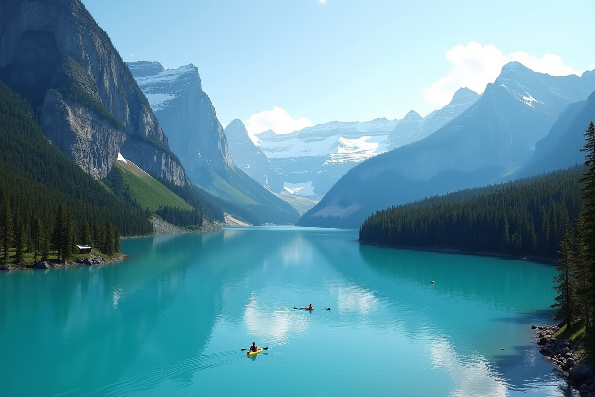 Lac turquoise entouré de montagnes enneigees et forets