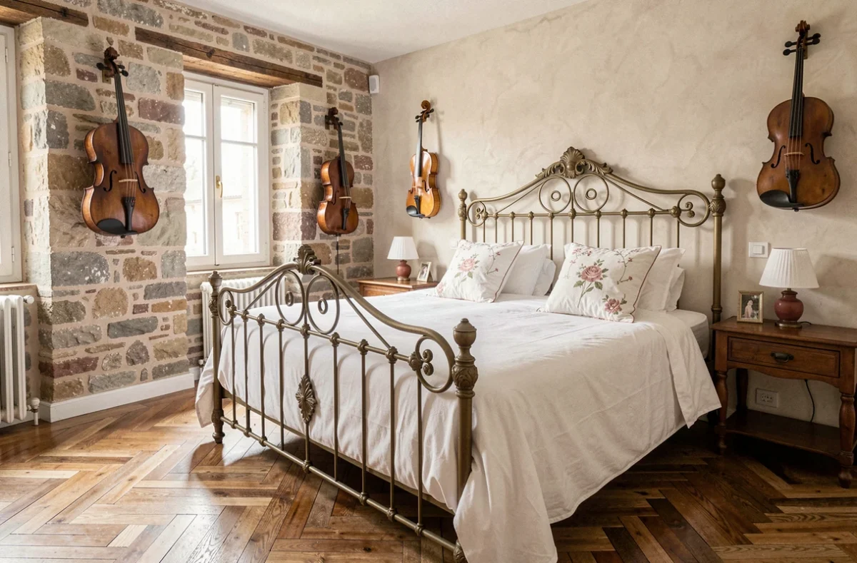 Chambre d'hôtes Les Musiciens à Obernai, avec instruments de musique vintage, lit en fer forgé et parquet ancien