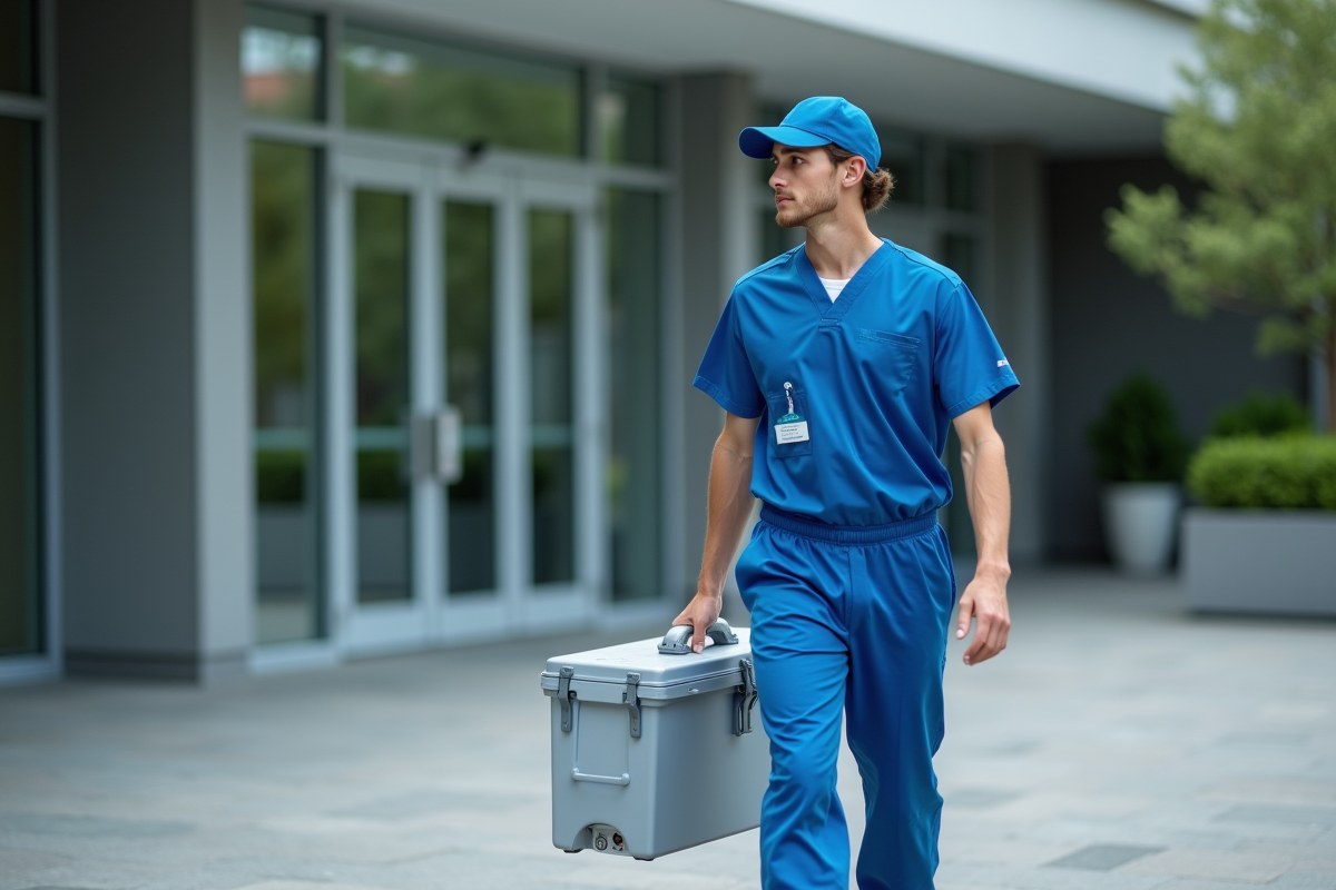Livreur en uniforme transportant un conteneur médical à l