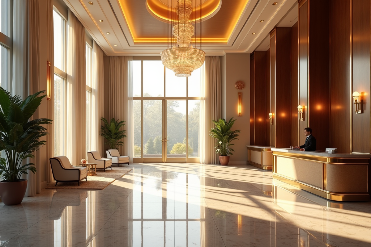 Hall d'hôtel luxueux avec design moderne et éclairage naturel