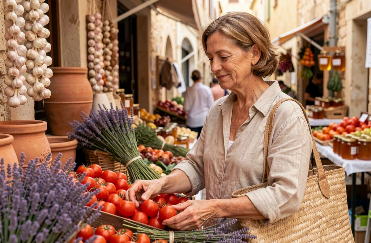 Femme locale choisissant des tomates et de la lavande fraîche dans un marché provençal animé de Village Leucate, panier en osier au bras