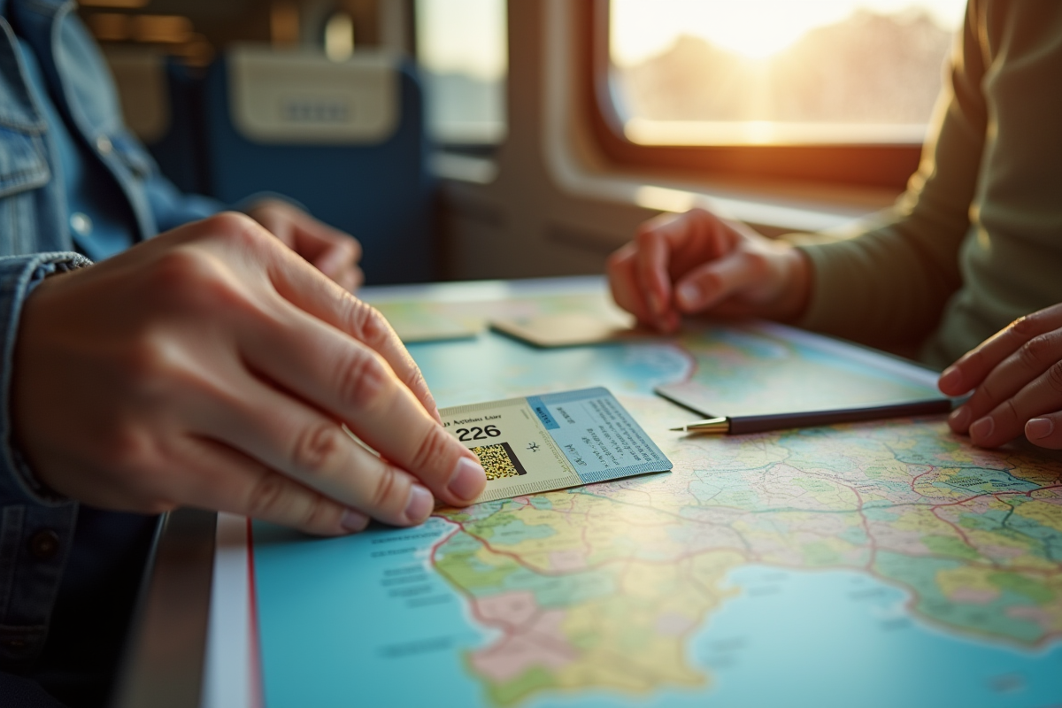 Mains tenant des passes de train sur une carte de ville colorée