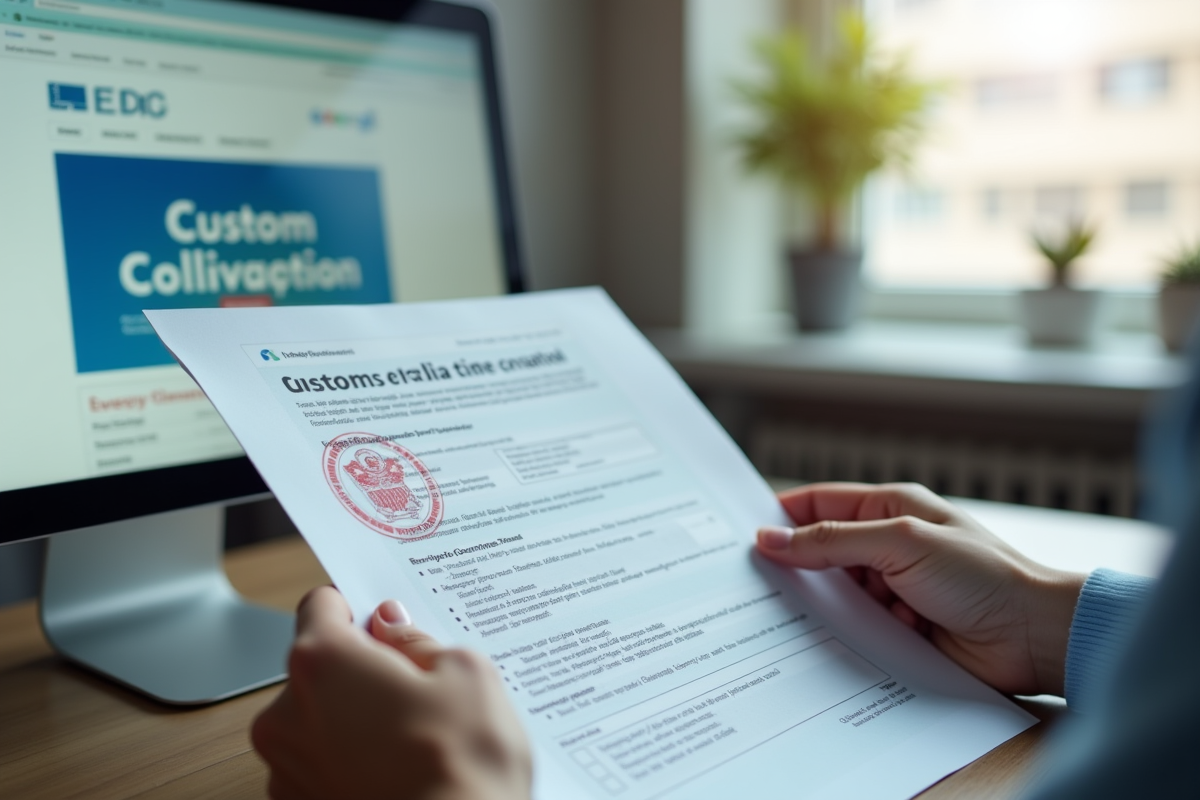 Mains tenant un formulaire de douane avec écran d