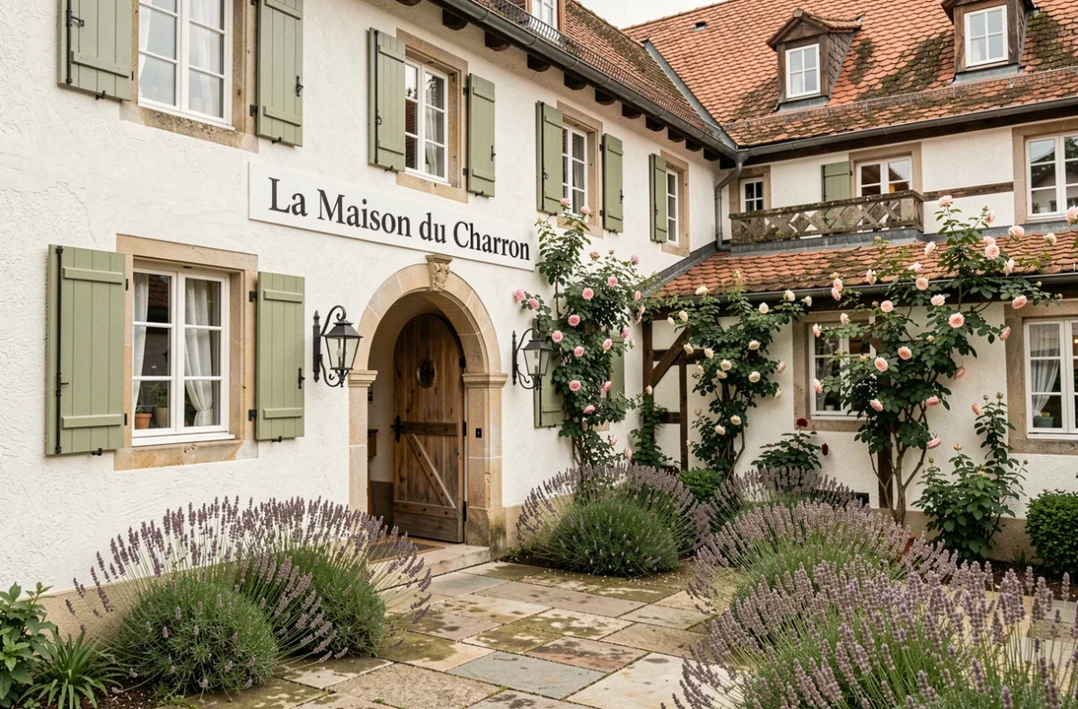 Façade de La Maison du Charron à Blaesheim, avec portail en bois, jardin en fleurs et architecture alsacienne restaurée