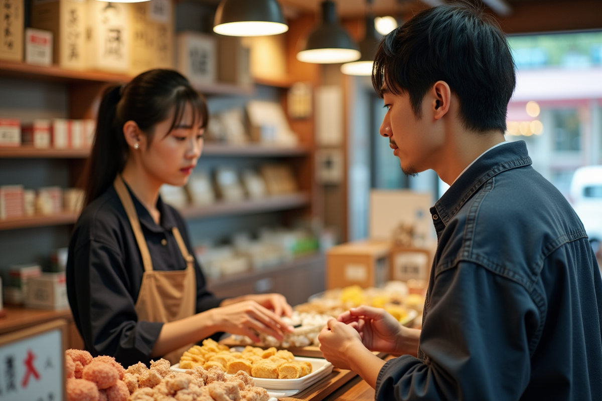 Jeune homme japonais saluant une vendeuse dans un marché