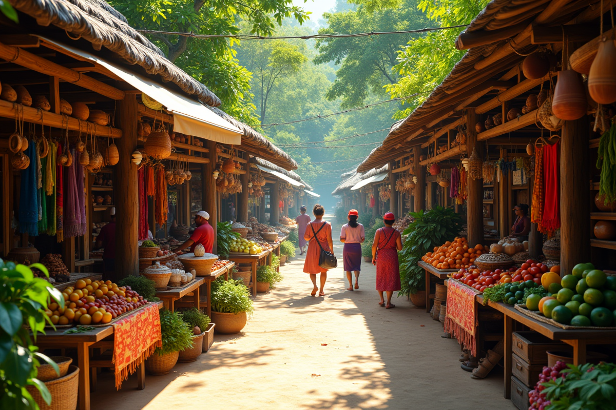 Marché local animé avec vendeurs et produits artisanaux en plein air