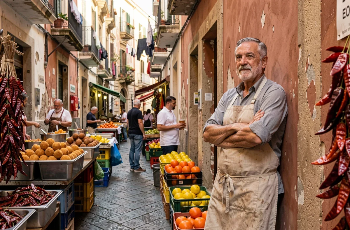 Vendeur du marché Ballarò à Palerme avec étals de street food sicilien typique