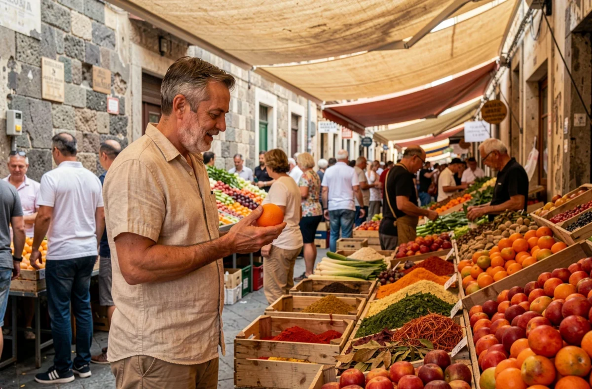 Voyageur découvrant le marché de Ballarò à Palerme entre étals de fruits et légumes siciliens