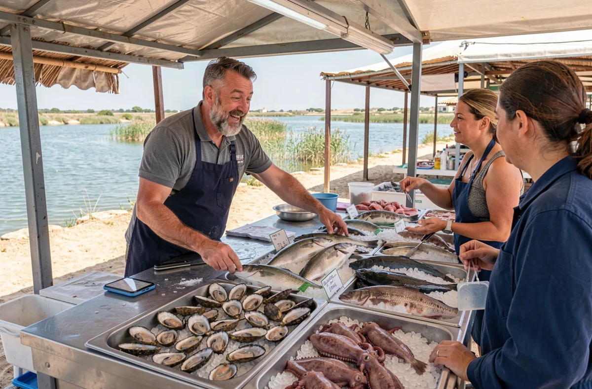Étal de fruits de mer et d'huîtres fraîches de l'étang de Leucate au marché local, avec un poissonnier en tablier servant des clients locaux