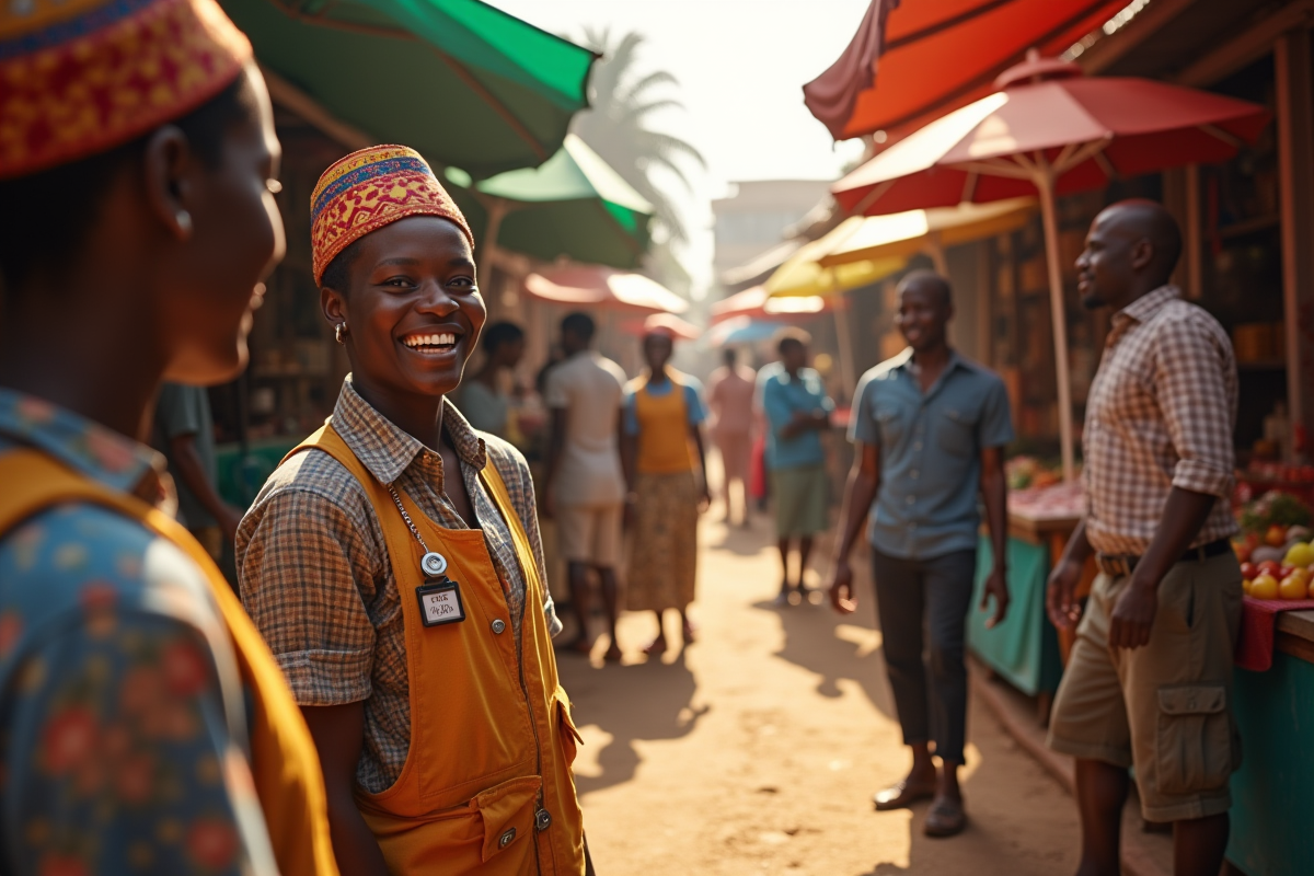 Scène de marché local à Nairobi avec vendeurs et gardes