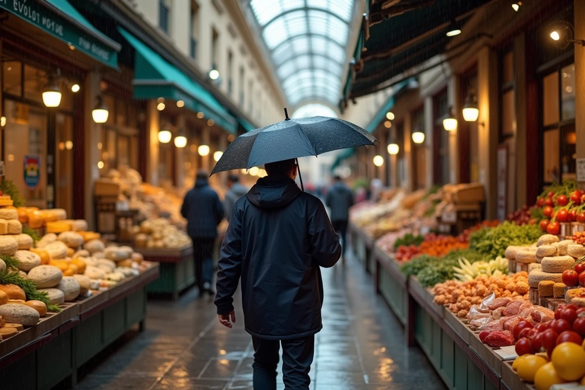 Homme se promenant dans le marché couvert de l'Olivar à Palma de Majorque par temps gris