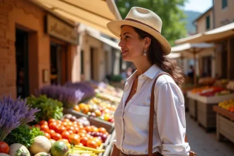 Femme parcourant un marché provençal coloré dans le Vaucluse avec étals de lavande, miel et légumes frais