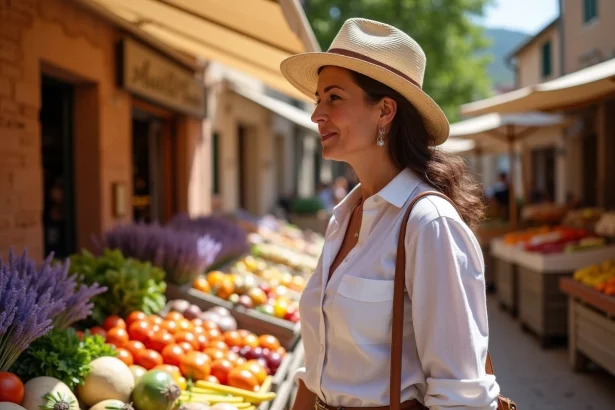Femme parcourant un marché provençal coloré dans le Vaucluse avec étals de lavande, miel et légumes frais