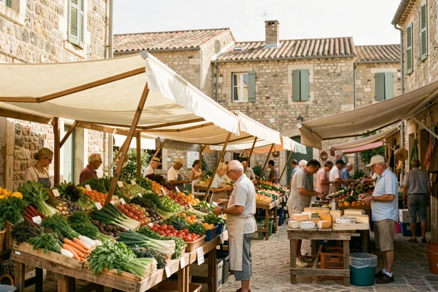 Marché local de Village Leucate avec des étals colorés de fruits et légumes frais sous des auvents en toile, entouré de bâtiments en pierre typiques du sud de la France