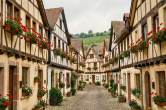 Vue panoramique d'un village alsacien typique du Grand Est avec ses maisons à colombages fleuries et ses ruelles pavées