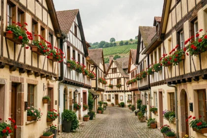 Vue panoramique d'un village alsacien typique du Grand Est avec ses maisons à colombages fleuries et ses ruelles pavées