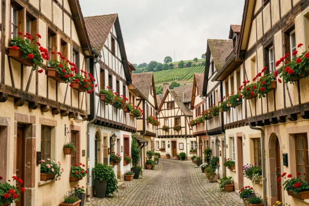 Vue panoramique d'un village alsacien typique du Grand Est avec ses maisons à colombages fleuries et ses ruelles pavées
