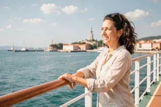 Femme souriante sur le pont d'un ferry au départ de Marseille avec vue sur Notre-Dame de la Garde
