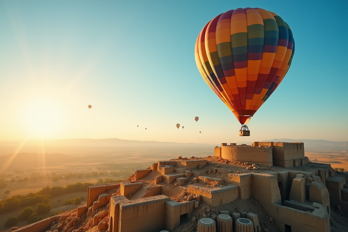 Montgolfière survolant les ruines de Dougga au lever du soleil