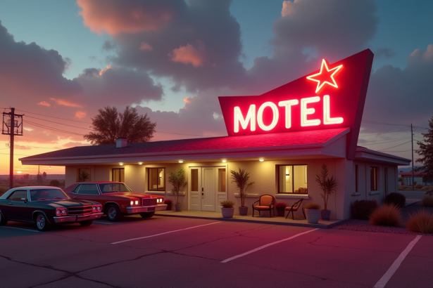 Motel américain au coucher du soleil avec enseigne néon