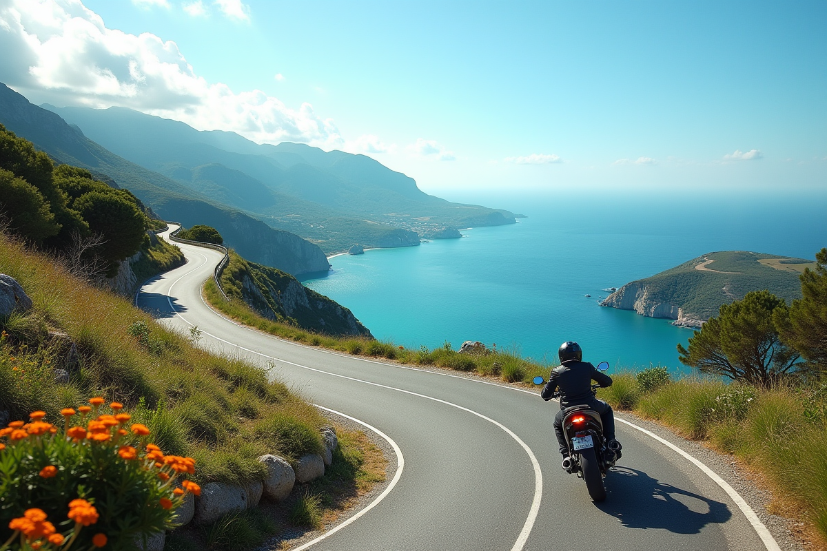 Moto sur route de montagne en Corse avec mer turquoise