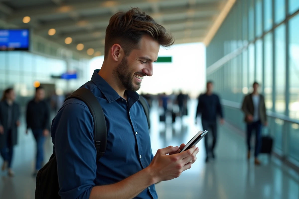 Voyageur consultant une notification d'alerte prix Google Flights dans un aéroport