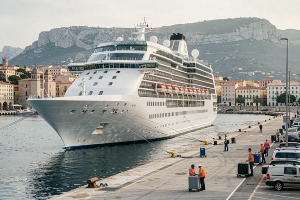 Paquebot de croisière amarré au port de Toulon avec la ville et le mont Faron en arrière-plan