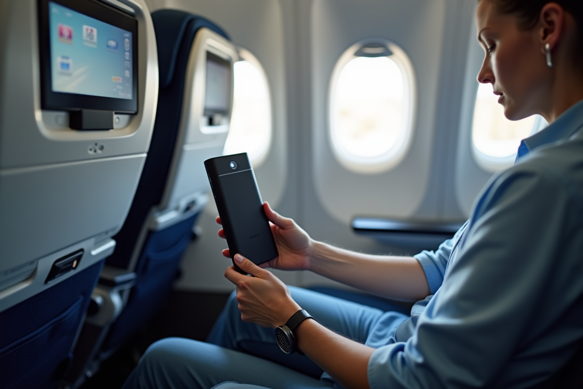 Passager range une batterie externe dans un compartiment cabine d'avion