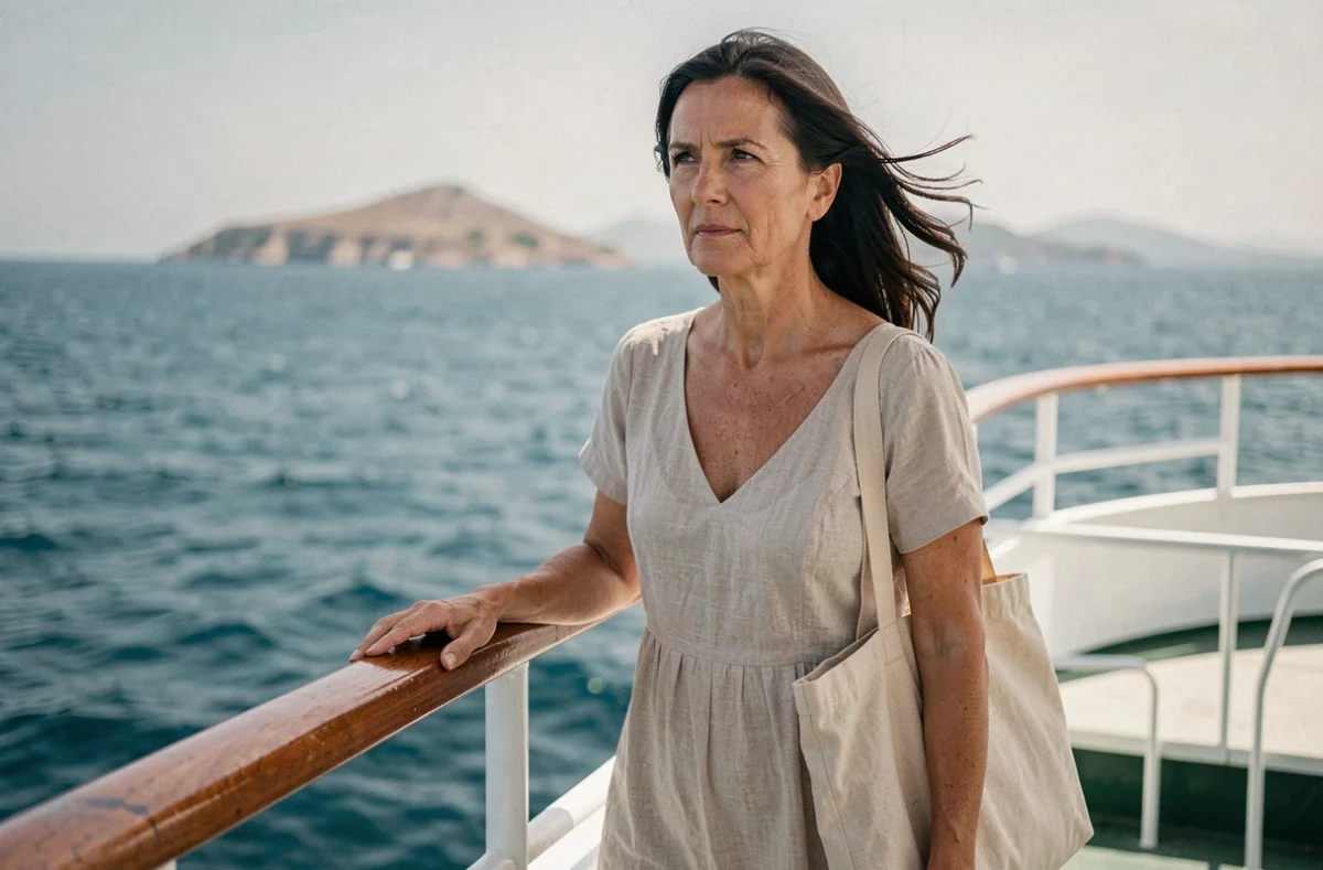 Femme en robe de lin sur le pont d'un ferry traversant la mer Égée en direction de Folégandros dans les Cyclades