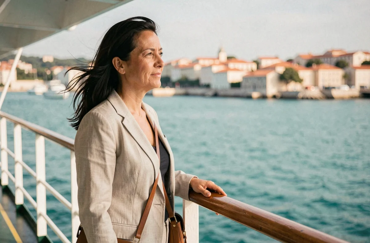 Femme regardant la côte depuis le pont d'un navire de croisière quittant Toulon