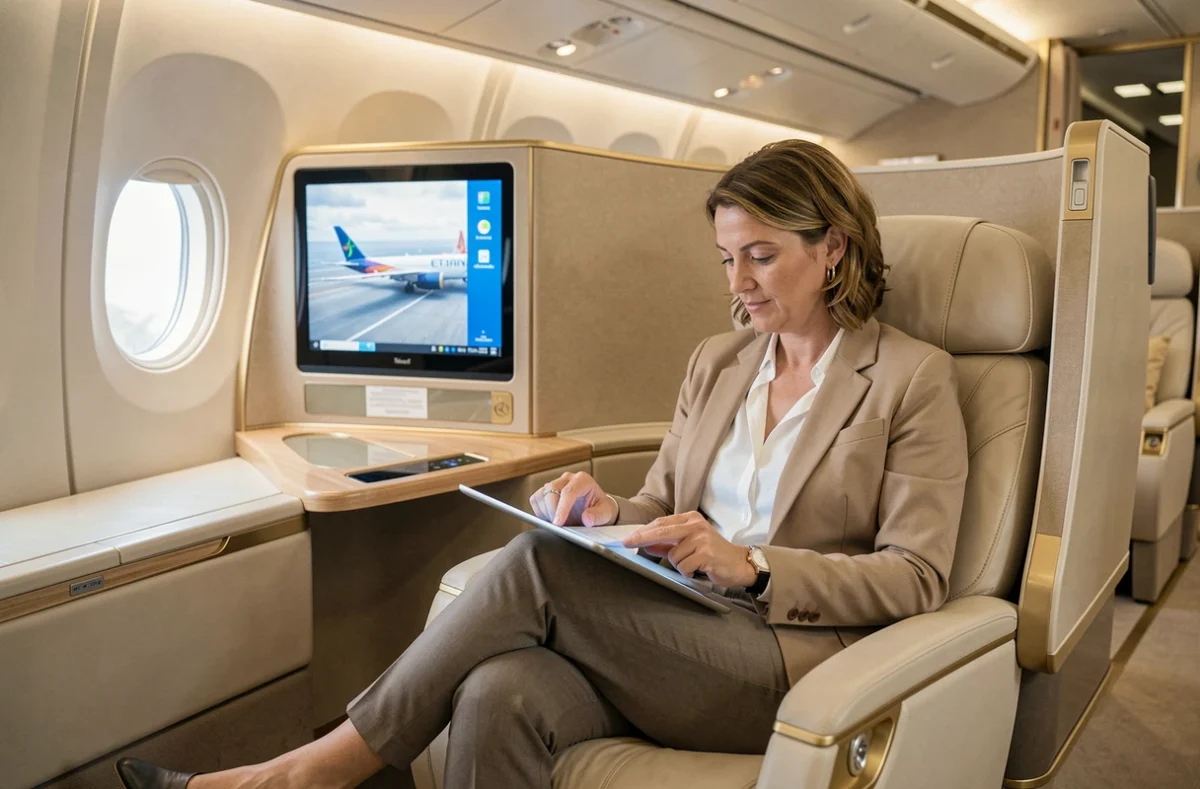 Passagère en classe première Etihad Airways dans une suite privée lors d'un vol long-courrier