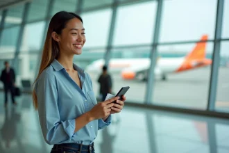 Passagère Transavia tenant une carte d'embarquement et consultant son programme de fidélité sur smartphone dans un terminal d'aéroport moderne